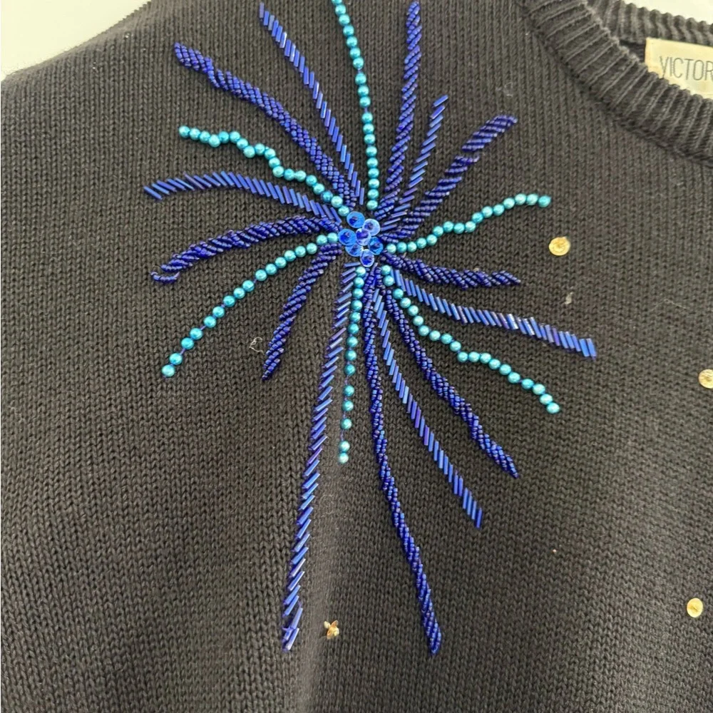 VTG Victoria Harbour black knit sweater w/ beaded fireworks - Picture 11 of 16